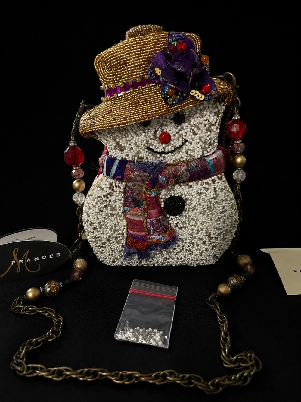 MARY FRANCES BEADED SNOWMAN “ SNOW BELLE “PURSE - HTF COA  CHRISTMAS EUC